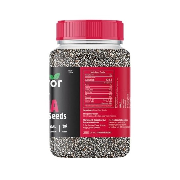 Livyor Graines de chia crues pour perte de poids avec oméga-3, riches en calcium, non torréfiées 200 g 