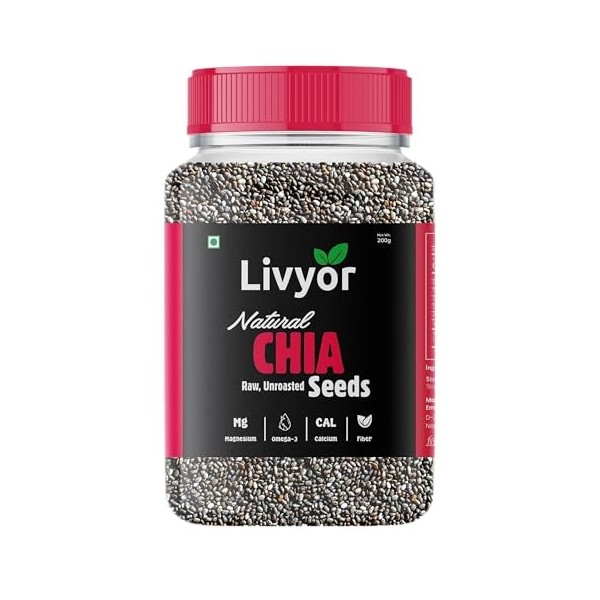 Livyor Graines de chia crues pour perte de poids avec oméga-3, riches en calcium, non torréfiées 200 g 