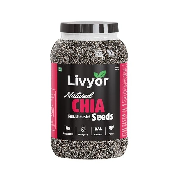Livyor Graines de chia crues pour perte de poids avec oméga-3, riches en calcium, non torréfiées 200 g 