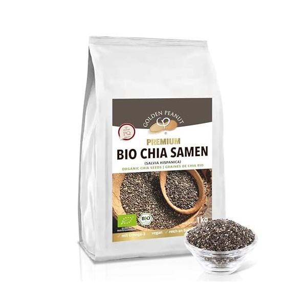 GOLDEN PEANUT Bio Chia Salvia hispanica 2 x 1 kg de graines de chia biologique contrôlée, naturelles, sans gluten