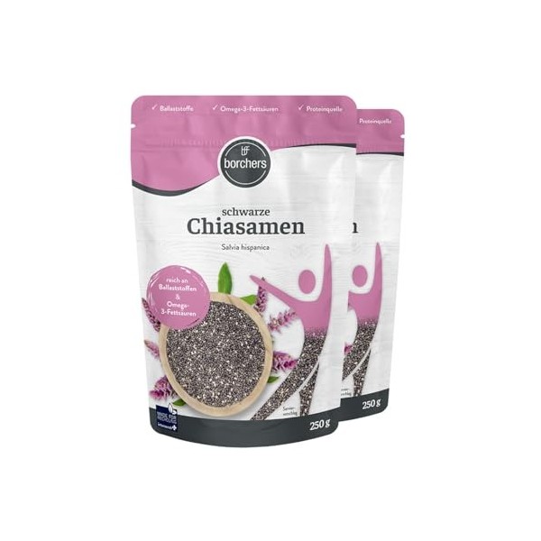 BORCHERS Graines de chia noires, 2 x 250 g, haute capacité de gonflement, riche en fibres, source de protéines, acides gras o