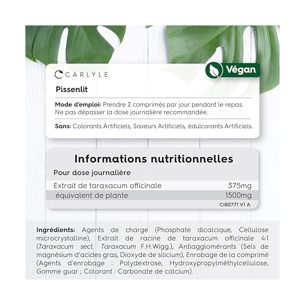 Pissenlit Gelules 1500 mg | 120 Comprimés Végan et Végétales de 750 mg | Extrait de Pissenlit 4:1 | Haute Dosage | Dandelion 