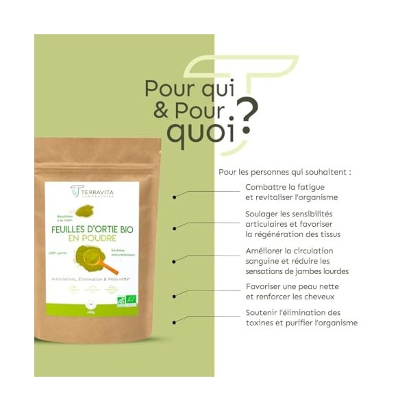 Feuilles d’Ortie Bio en Poudre | Circulation, Détox, Vitalité et Bien-être Articulaire | Riches en Silicium pour Cheveux et O