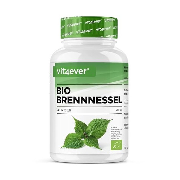 Ortie bio - 240 gélules - fortement dosé avec 1000mg par portion journalière - extrait dortie 10:1 de qualité biologique cer