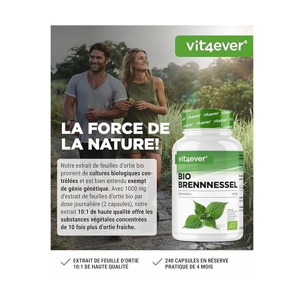 Ortie bio - 240 gélules - fortement dosé avec 1000mg par portion journalière - extrait dortie 10:1 de qualité biologique cer
