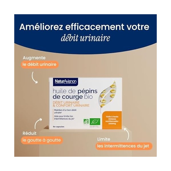 NaturAvignon Huile de Pépins de Courge BIO graines de courge | Confort urinaire, Prostate, Fuite urinaire homme | 1000mg hu G...