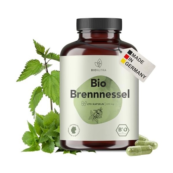 BIONUTRA® Gélules d’Ortie Bio hautement dosées, 1000 mg/jour, contrôlées contre les résidus, fabrication allemande, véganes, 