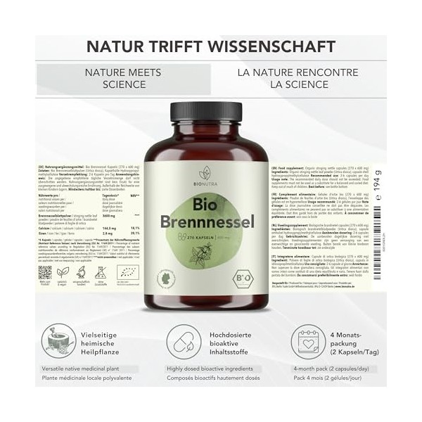 BIONUTRA® Gélules d’Ortie Bio hautement dosées, 1000 mg/jour, contrôlées contre les résidus, fabrication allemande, véganes, 