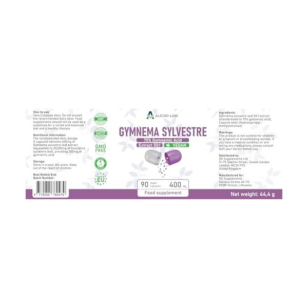 Alzuro Labs Gymnema Sylvestre 20 000mg | Extrait 50:1 400mg 75% Acide Gymnémique | 90 Gélules Véganes | Haute Concentrati