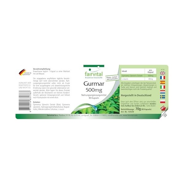 Fairvital | Gurmar 500mg - 90 gélules - Gymnema Sylvestris - qualité contrôlée et hautement dosé - 100% végétalien - Fabriqué