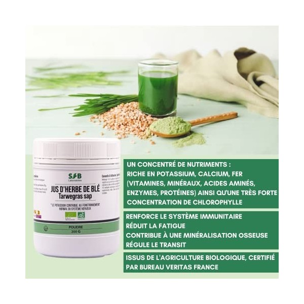 SFB Laboratoires - Jus dHerbe de Blé Bio en Poudre - Stimule le Système Immunitaire - Favorise la Digestion - Améliore lEne