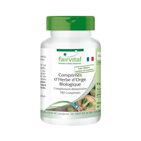 Fairvital | Comprimés dherbe dorge bio - 180 comprimés - Haute biodisponibilité - qualité contrôlée et haute dose - 100% vé