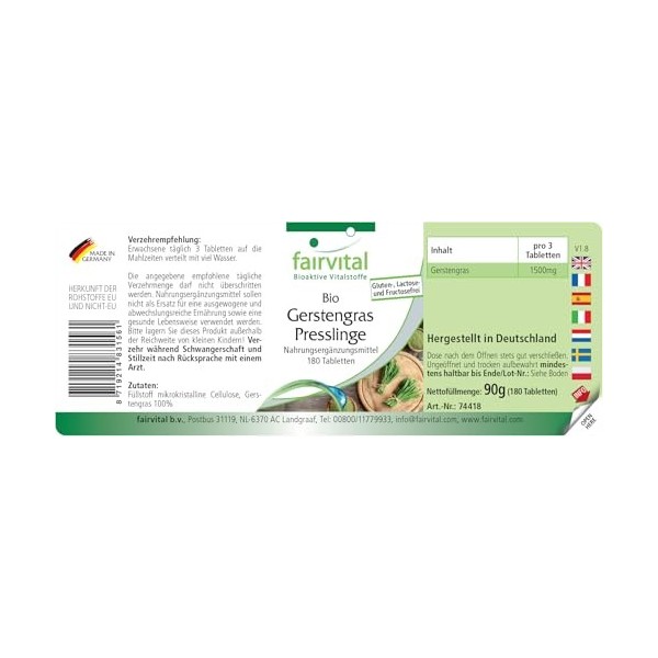 Fairvital | Comprimés dherbe dorge bio - 180 comprimés - Haute biodisponibilité - qualité contrôlée et haute dose - 100% vé