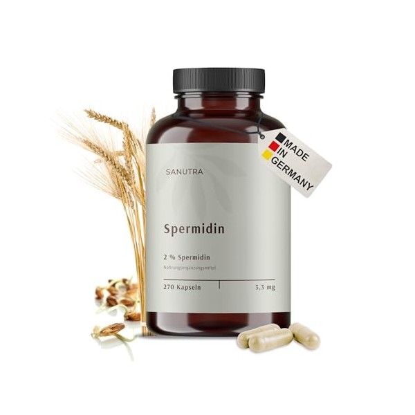 SANUTRA® Spermidine Gélules – Extrait de germe de blé 2%, 3,3 mg par gélule, véganes, sans additifs – 270 gélules de 165 mg