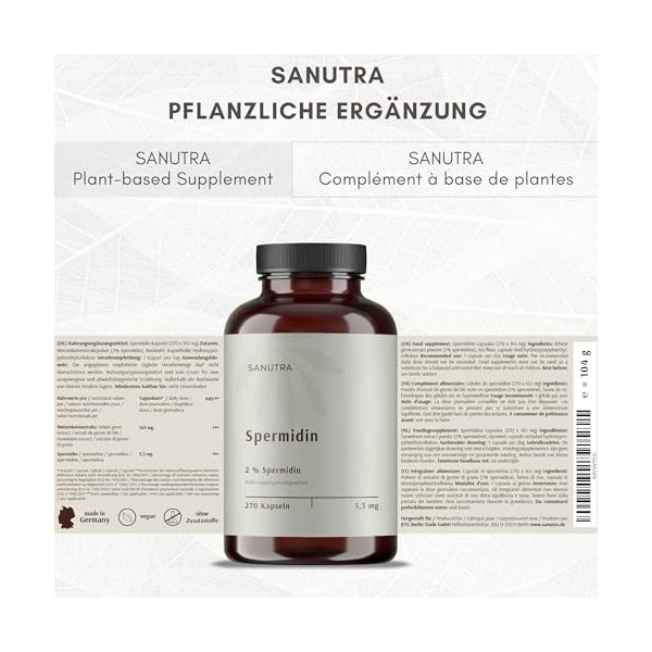 SANUTRA® Spermidine Gélules – Extrait de germe de blé 2%, 3,3 mg par gélule, véganes, sans additifs – 270 gélules de 165 mg
