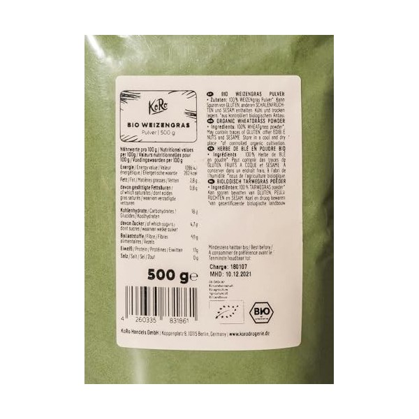 KoRo - Poudre d’herbe de blé bio - pur et naturel - sans additif - Ideal pour les smoothies et les jus - qualité crudité - ve
