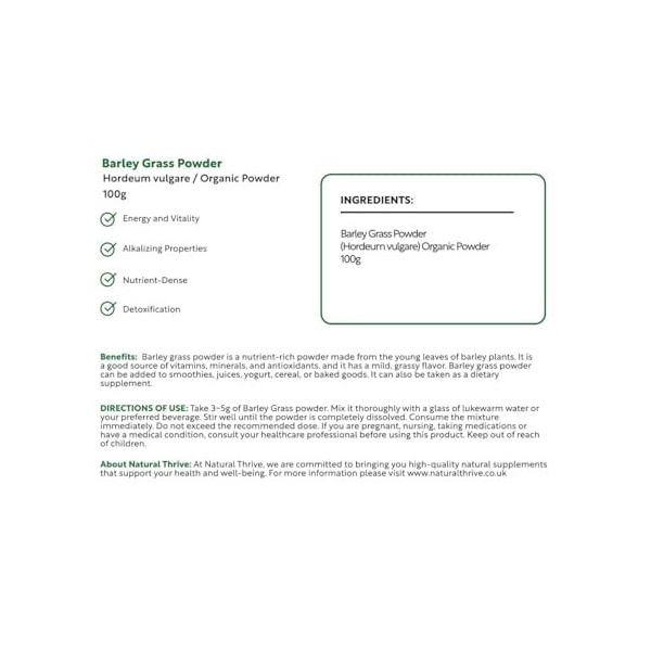 Poudre dherbe dorge biologique - 100 g, stimulant lénergie naturelle - Végétalien, sans OGM, sans gluten