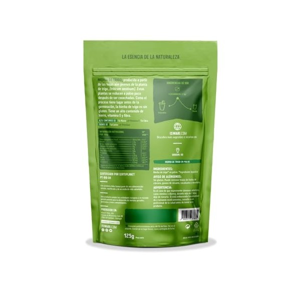 ISWARI HIERBA DE TRIGO superalimento 125gr. – soin conçu pour une utilisation régulière, poids 125 g, s’intègre facilement da...