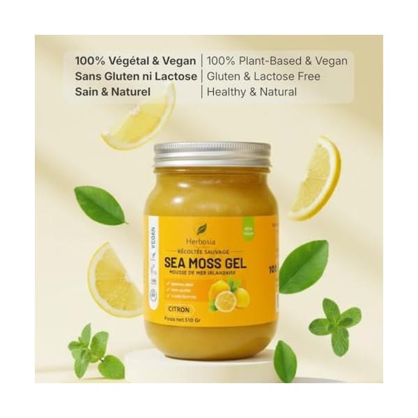 HERBOSIA Sea Moss Gel Irlandais 100% Naturel – Mousse de Mer Sauvage – Vegan – Texture Onctueuse – 510g Citron Kelp