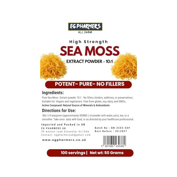 Poudre de mousse de mer haute résistance 10:1 Ext | 100 portions | Végétalien sans gluten | Sans remplissage ni liant | Super