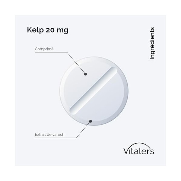 Vitalers Kelp 20 mg - 180 comprimés, végétalien, 6 mois de supplémentation, sans conservateurs, composition pure