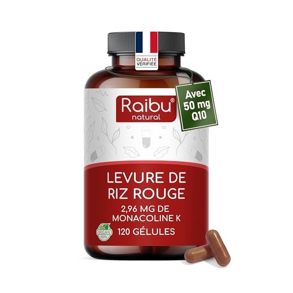 Levure de riz rouge - 2,96 mg de monacoline K & 50 mg de coenzyme Q10 par gélule - Soutien cardiovasculaire - Sans gluten & d