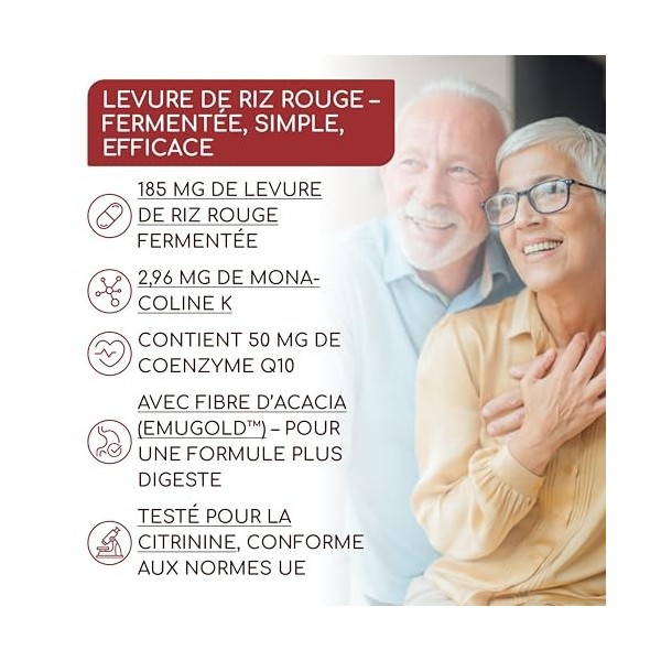 Levure de riz rouge - 2,96 mg de monacoline K & 50 mg de coenzyme Q10 par gélule - Soutien cardiovasculaire - Sans gluten & d