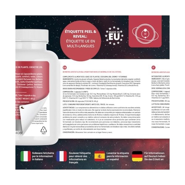 Levure de Riz Rouge avec Monacoline K, Berbérine, Coenzyme Q10, Chrome, Vitamines K2 et D3 – Favorise des niveaux normaux de 