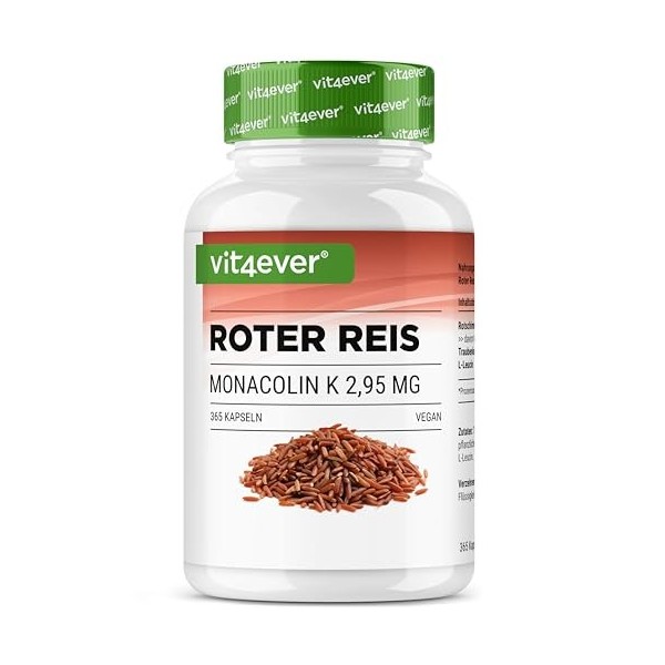 Extrait de riz rouge - 365 gélules contenant 2,95 mg de monacoline K + poudre de pépins de raisin + L-leucine - Sans effets i