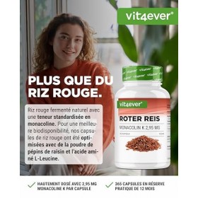 Extrait de riz rouge - 365 gélules contenant 2,95 mg de monacoline K + poudre de pépins de raisin + L-leucine - Sans effets i