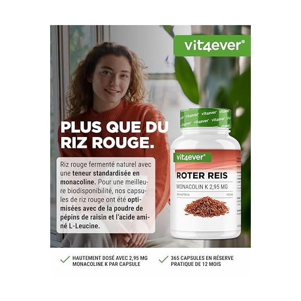 Extrait de riz rouge - 365 gélules contenant 2,95 mg de monacoline K + poudre de pépins de raisin + L-leucine - Sans effets i