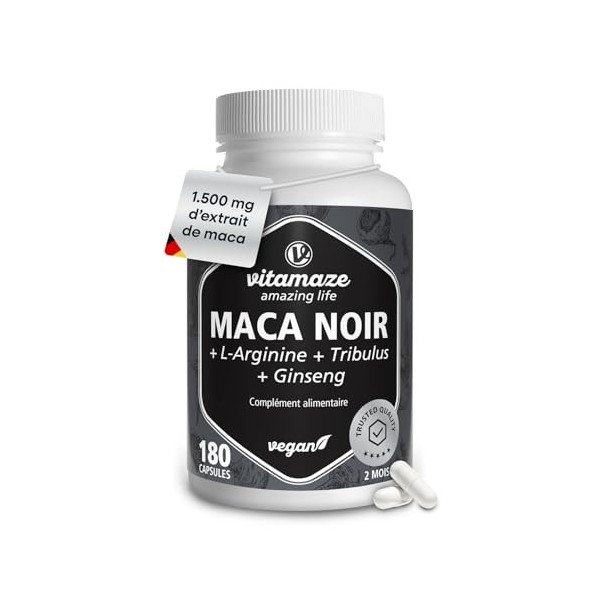 Complexe de Maca Noir Hautement Dosé, 30000mg par Dose Journalière, 500mg dExtrait de Maca 20:1 avec L-Arginine, Tribulus, G ...
