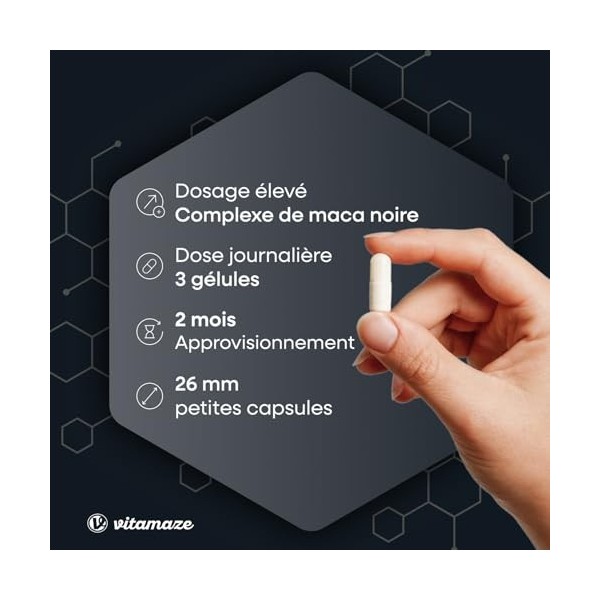 Complexe de Maca Noir Hautement Dosé, 30000mg par Dose Journalière, 500mg dExtrait de Maca 20:1 avec L-Arginine, Tribulus, G ...