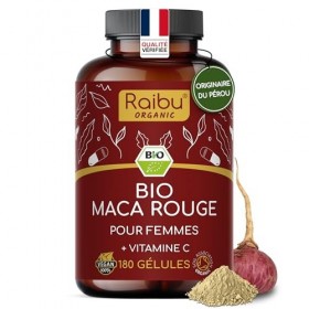 Maca du Pérou BIO - 180 gélules de Maca Rouge - Équilibre hormonal féminin - 3.200mg par jour équivalent à 12.800mg de racin