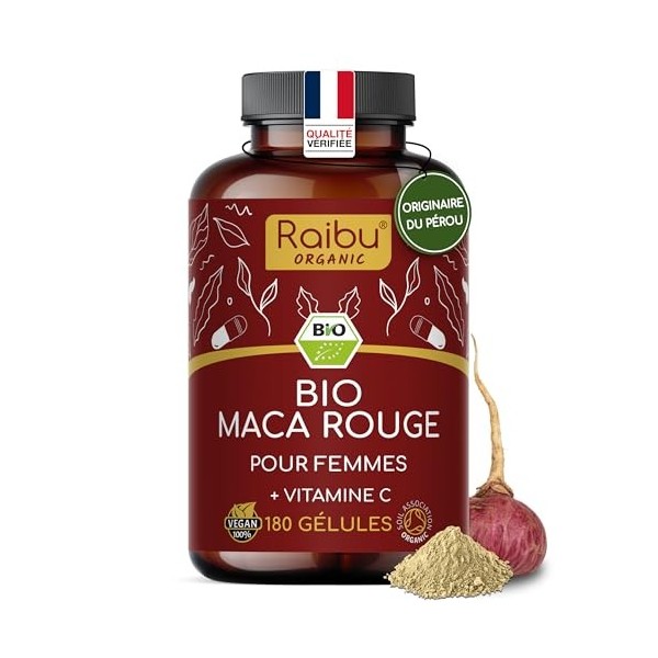 Maca du Pérou BIO - 180 gélules de Maca Rouge - Équilibre hormonal féminin - 3.200mg par jour équivalent à 12.800mg de racin
