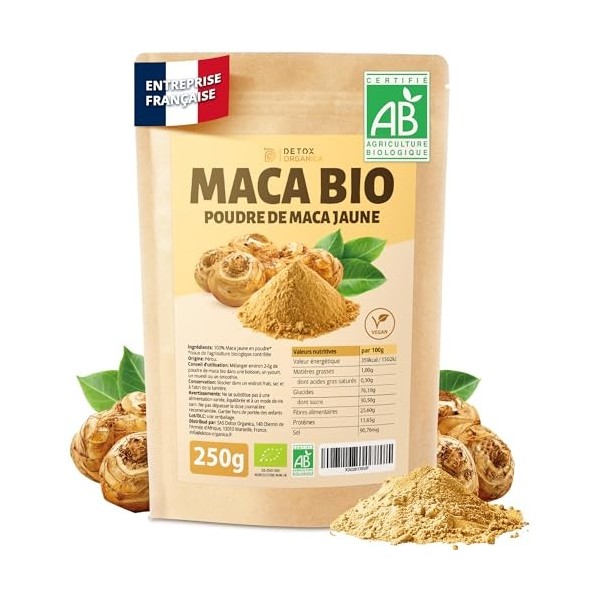 DETOX ORGANICA Maca Bio - 250g Poudre de Maca Jaune Bio - 100% Nature et Vegan - Racine du Pérou riche en Vitamines et Minéra...