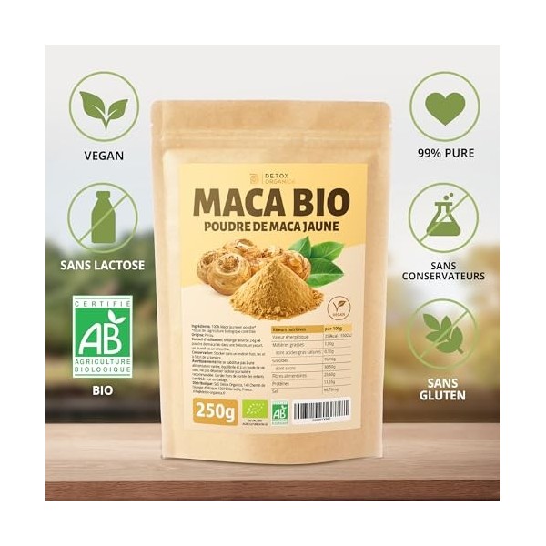 DETOX ORGANICA Maca Bio - 250g Poudre de Maca Jaune Bio - 100% Nature et Vegan - Racine du Pérou riche en Vitamines et Minéra...