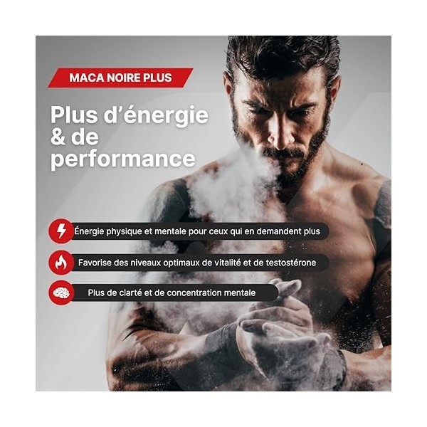 Maca Plus – Testosterone Homme – 45.000 mg Équivalents de Maca Noire Extrait 100:1 , Arginine, Taurine, Vitamine B6 – 180 Gé