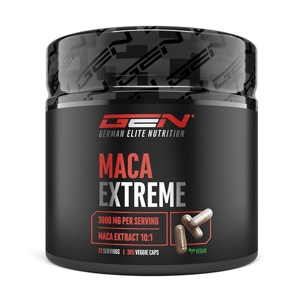 Gélules de Maca Extrême - 365 gélules - Haute dose avec 30.000mg par portion journalière - Extrait spécial 10:1 - Vegan - Ger