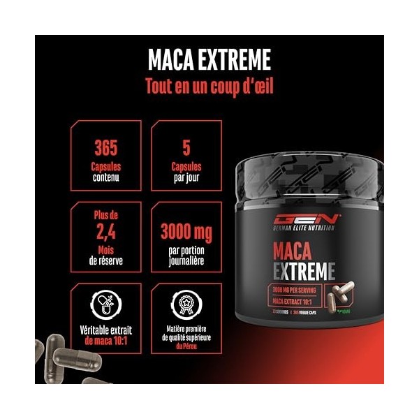 Gélules de Maca Extrême - 365 gélules - Haute dose avec 30.000mg par portion journalière - Extrait spécial 10:1 - Vegan - Ger