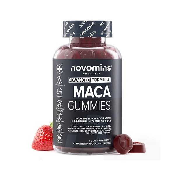 Novomins Gummies Racine de Maca 2000mg Haute Puissance – Supplément 100% Peruvien pour Hommes et Femmes – L-Arginine, Vitam