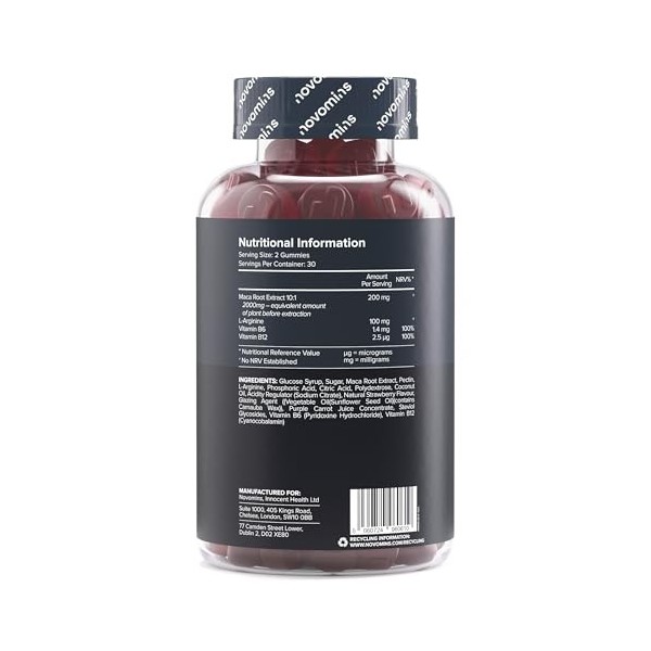 Novomins Gummies Racine de Maca 2000mg Haute Puissance – Supplément 100% Peruvien pour Hommes et Femmes – L-Arginine, Vitam