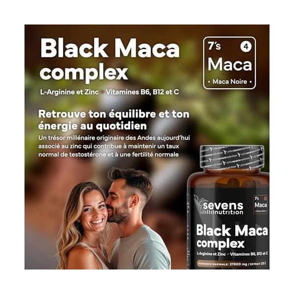 Maca Noire Péruvienne – Black Maca Complex 20:1 avec L-Arginine, Zinc et Vitamines B6, B12 et C – Capsules pour énergie et vi