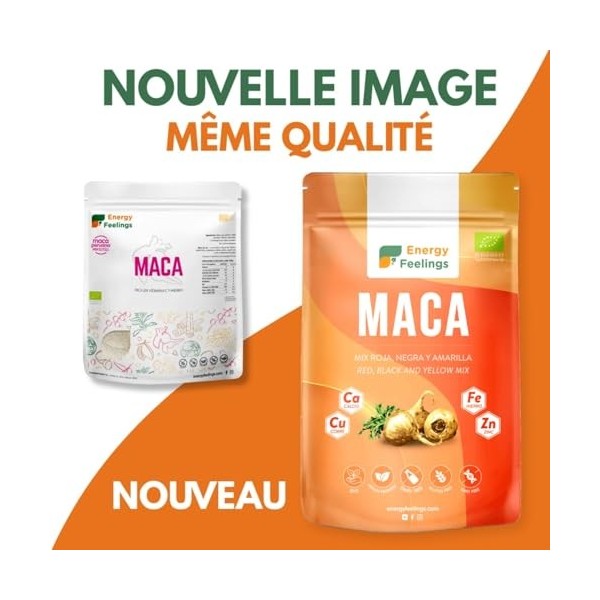 Energy Feelings Maca Andine en Poudre Écologique Péruvienne, Maca Mixte : Rouge, Noir et Jaune, Nutrition Sportive, Végétalie