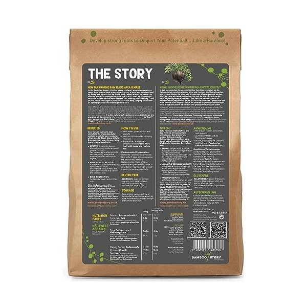 BAMBOO STORY | Maca NOIRE | Poudre | 100% Perou | Crue | Bio | Pure | 900g