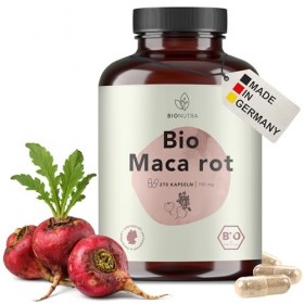 BIONUTRA® Gélules de maca rouge bio hautement dosées 4200 mg/jour, contrôlées résidus, fabrication allemande, véganes, sans l
