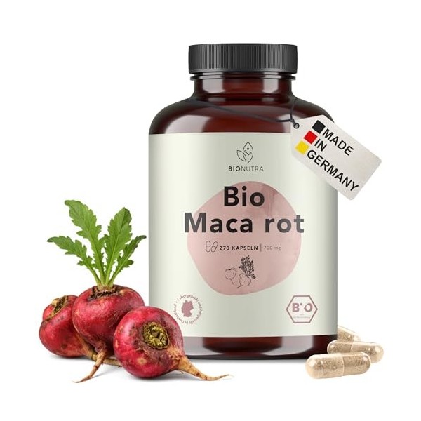 BIONUTRA® Gélules de maca rouge bio hautement dosées 4200 mg/jour, contrôlées résidus, fabrication allemande, véganes, sans l