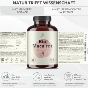 BIONUTRA® Gélules de maca rouge bio hautement dosées 4200 mg/jour, contrôlées résidus, fabrication allemande, véganes, sans l