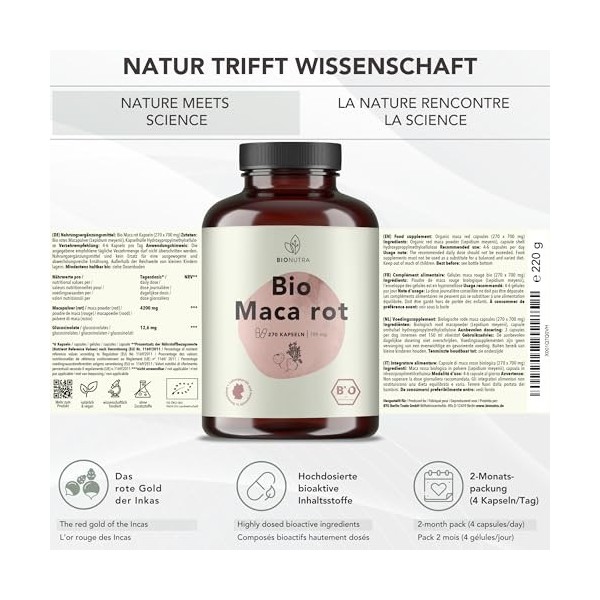 BIONUTRA® Gélules de maca rouge bio hautement dosées 4200 mg/jour, contrôlées résidus, fabrication allemande, véganes, sans l