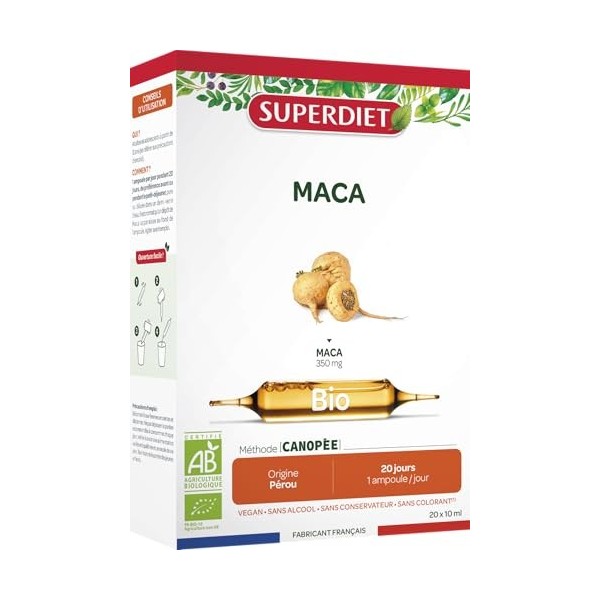 SUPERDIET - MACA BIO - Performances physique et mentales, Santé du couple - Fabrication française - 20 ampoules de 10ml